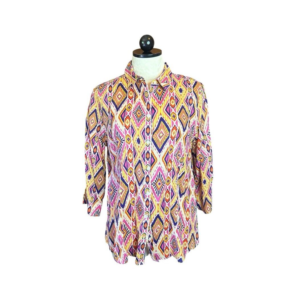 Chico's Women's No Iron Collared Aztec Print Linen 3/4 Sleeve Blouse 1 (S)‎